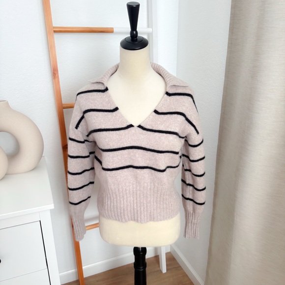Reformation Beckie Stripe Cashmere Sweater V-neck Brown Black Collared - Picture 3 of 11